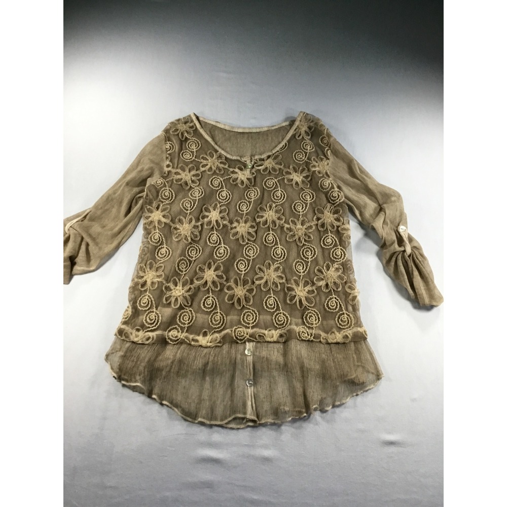 Made in Italy M Boho Romantic Floral Embroidered Mesh Overlay Top with Tank Tan